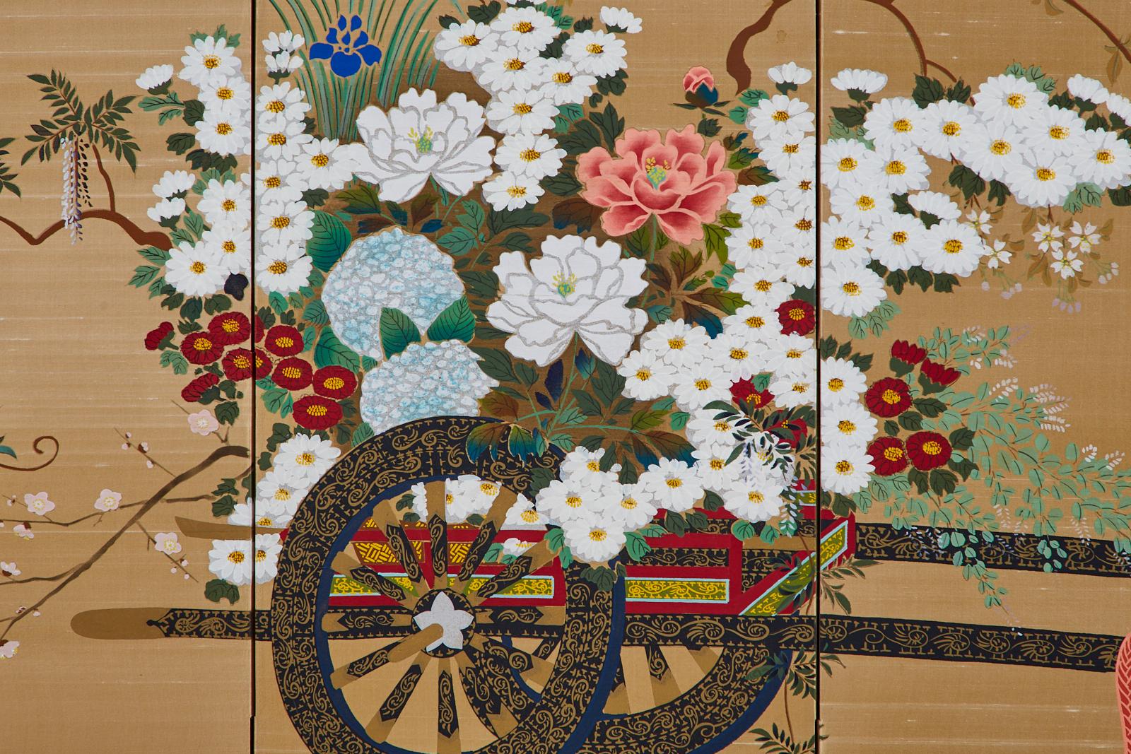 Japanese Four-Panel Showa Screen Hanaguruma Flower Cart 7