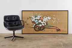 Japanese Four-Panel Showa Screen Hanaguruma Flower Cart
