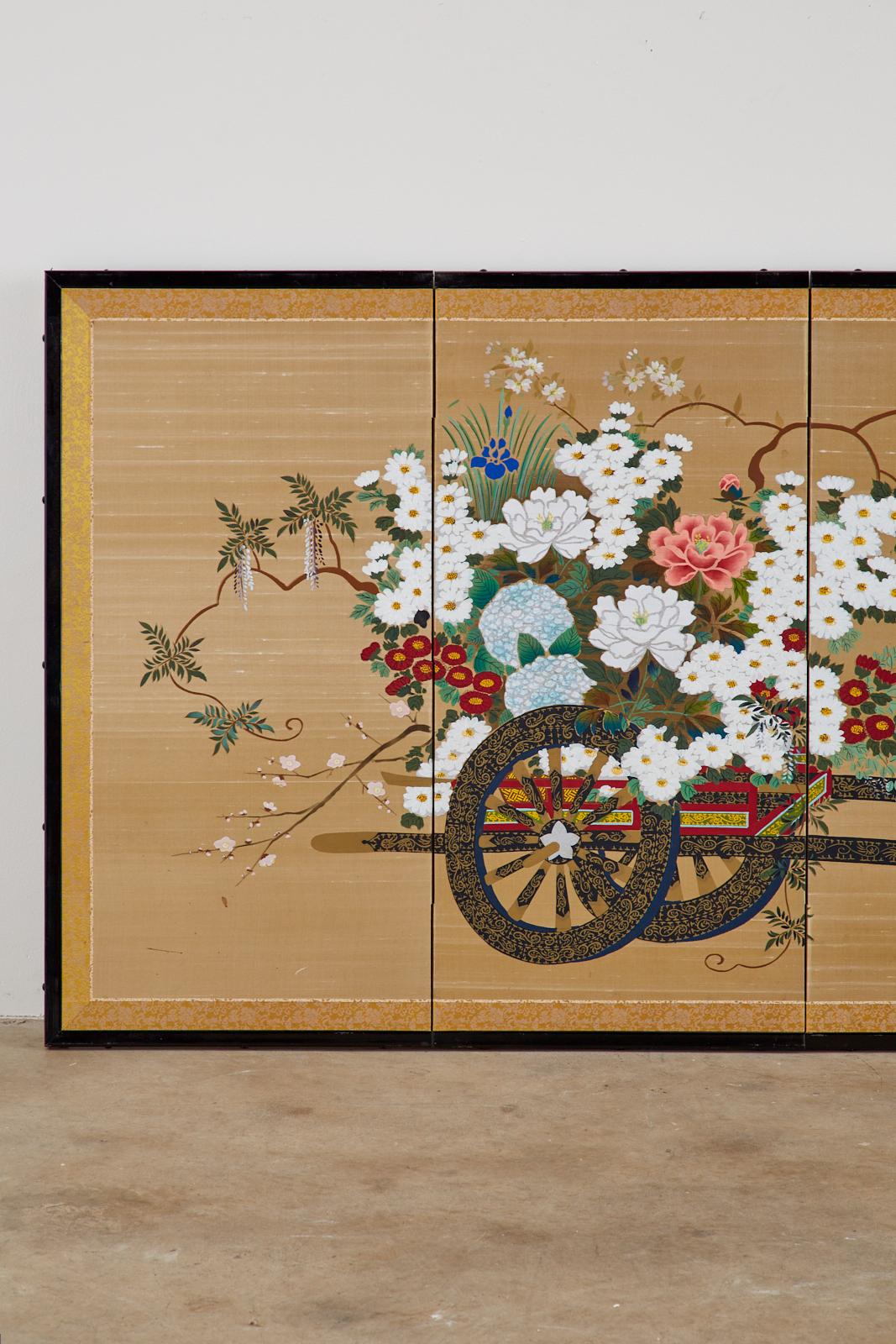 Hand-Crafted Japanese Four-Panel Showa Screen Hanaguruma Flower Cart