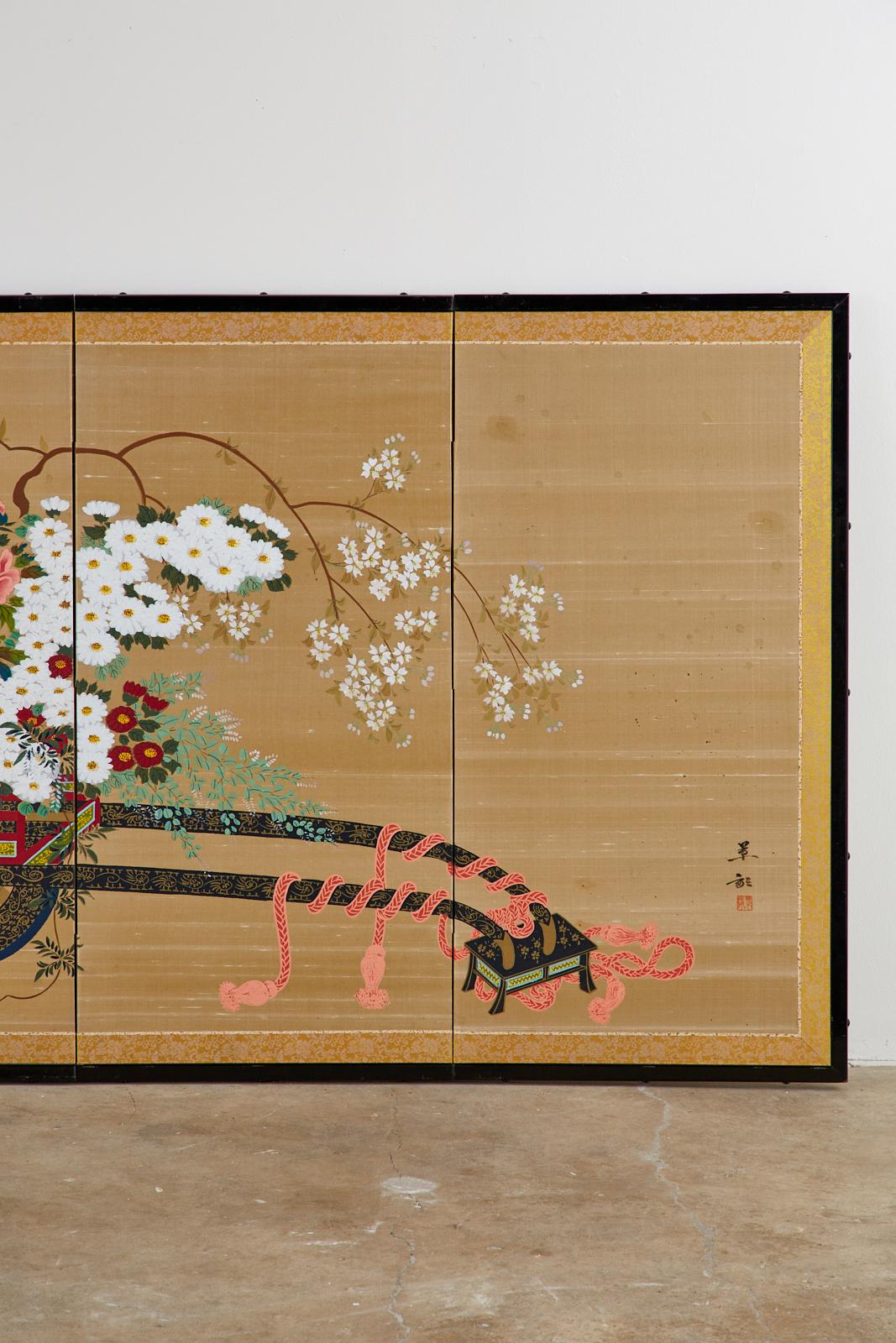 Japanese Four-Panel Showa Screen Hanaguruma Flower Cart In Good Condition In Rio Vista, CA