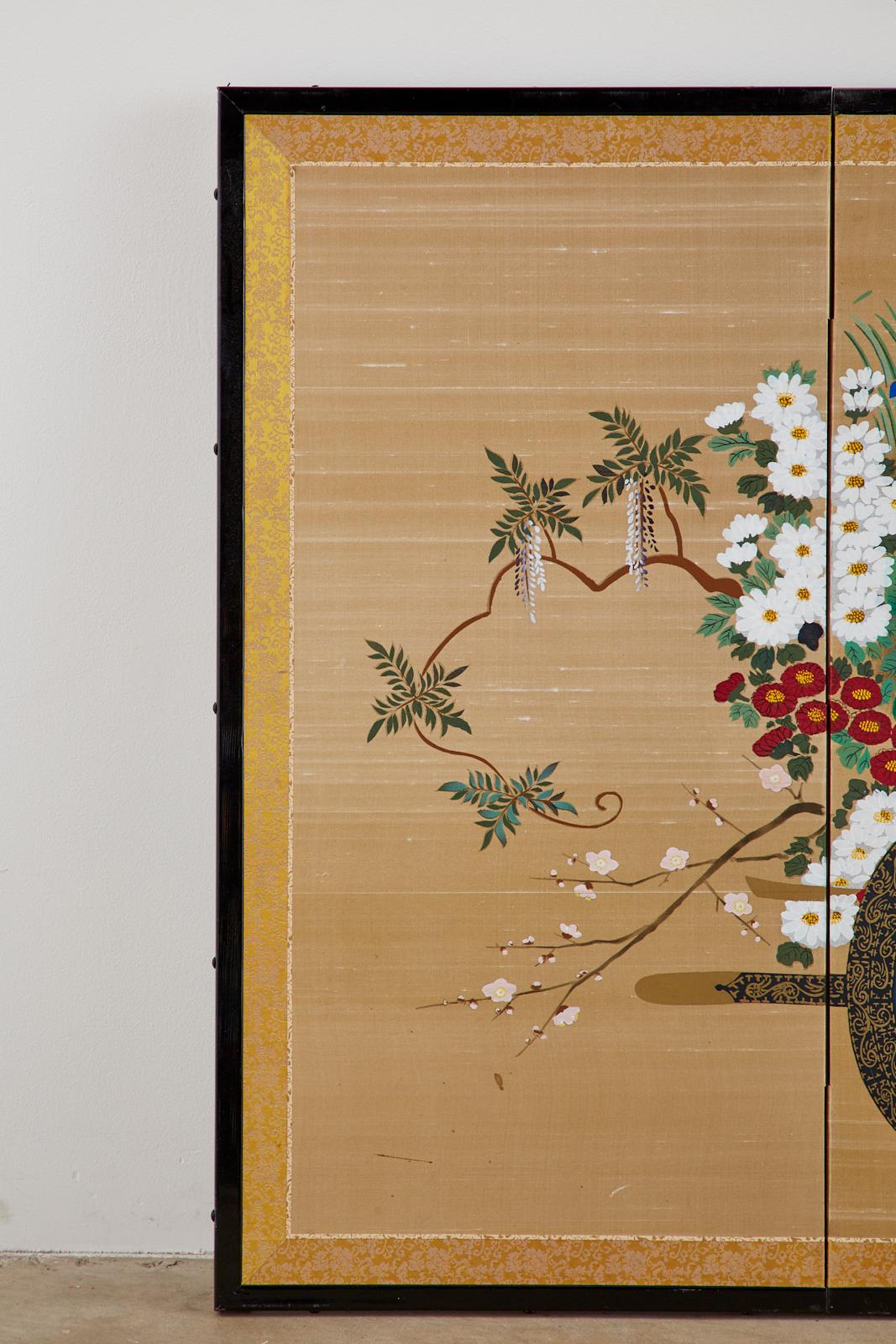 20th Century Japanese Four-Panel Showa Screen Hanaguruma Flower Cart