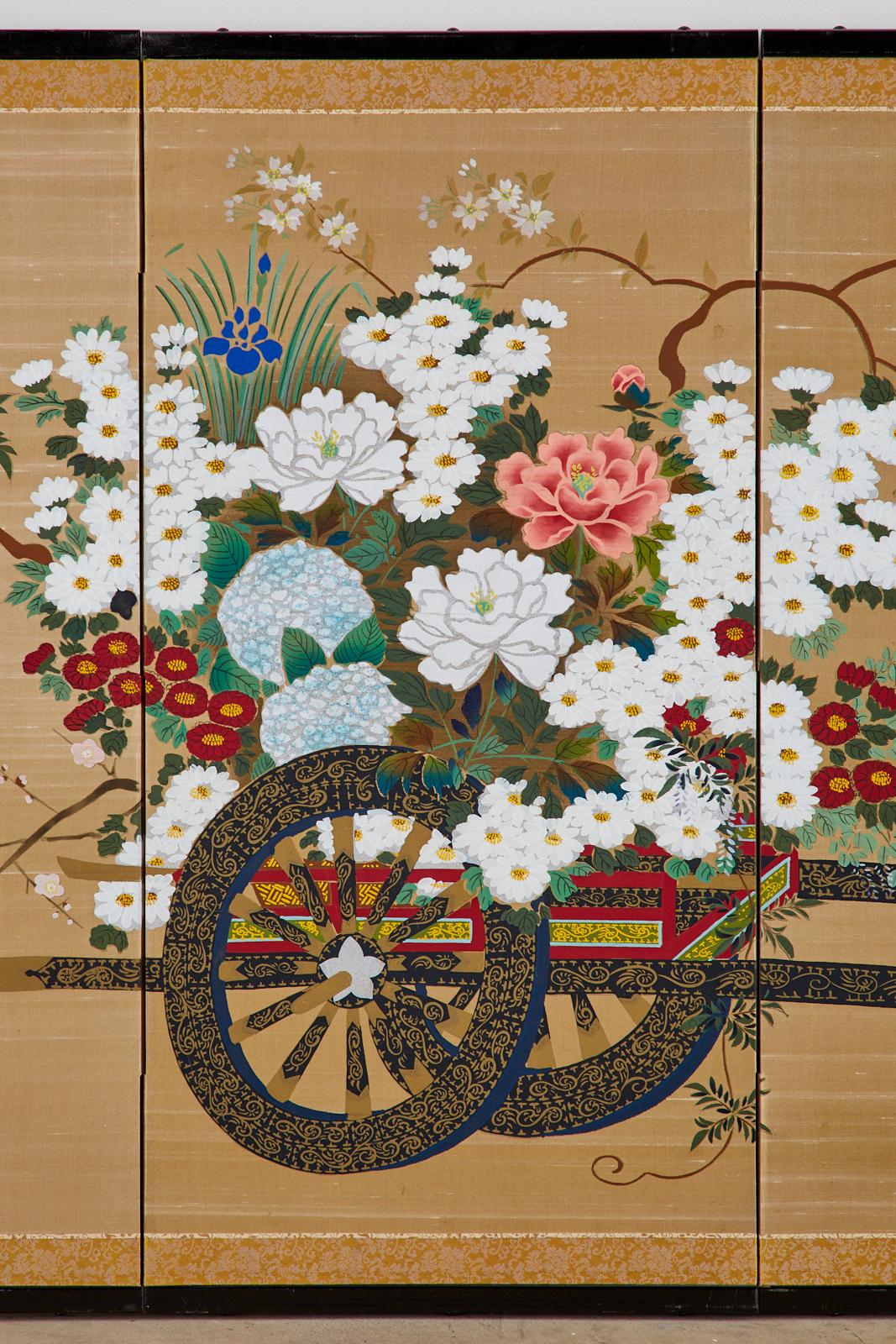 Silk Japanese Four-Panel Showa Screen Hanaguruma Flower Cart