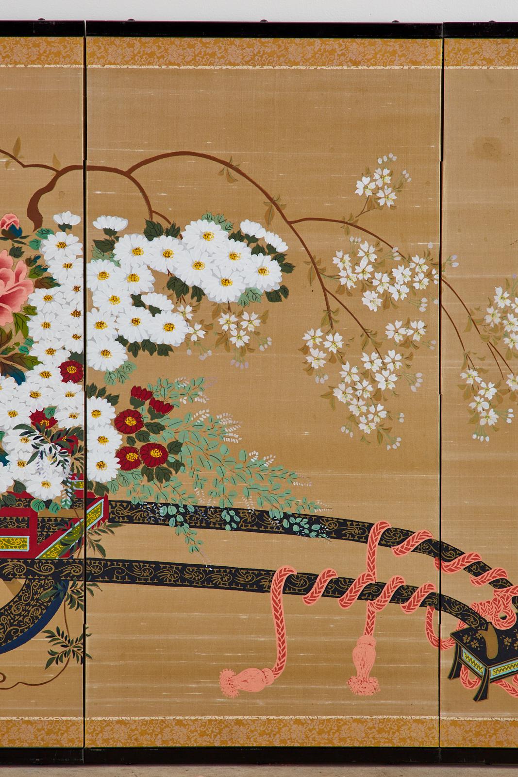 Japanese Four-Panel Showa Screen Hanaguruma Flower Cart 1