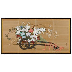 Vintage Japanese Four-Panel Showa Screen Hanaguruma Flower Cart