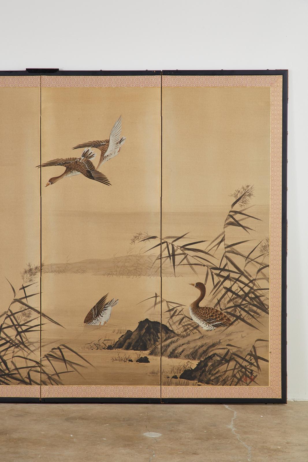 Ebonized Japanese Four Panel Showa Screen of Wild Ducks