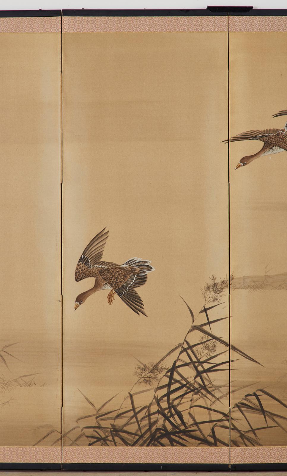 Japanese Four Panel Showa Screen of Wild Ducks In Good Condition In Rio Vista, CA