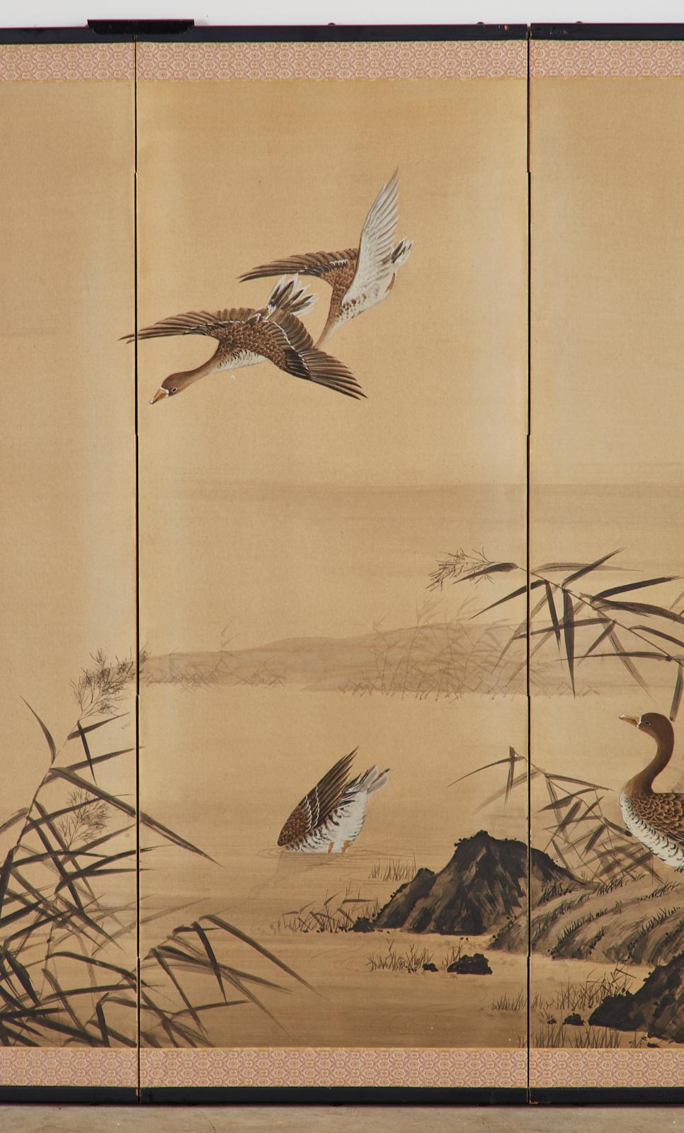 20th Century Japanese Four Panel Showa Screen of Wild Ducks