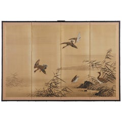 Japanese Four Panel Showa Screen of Wild Ducks