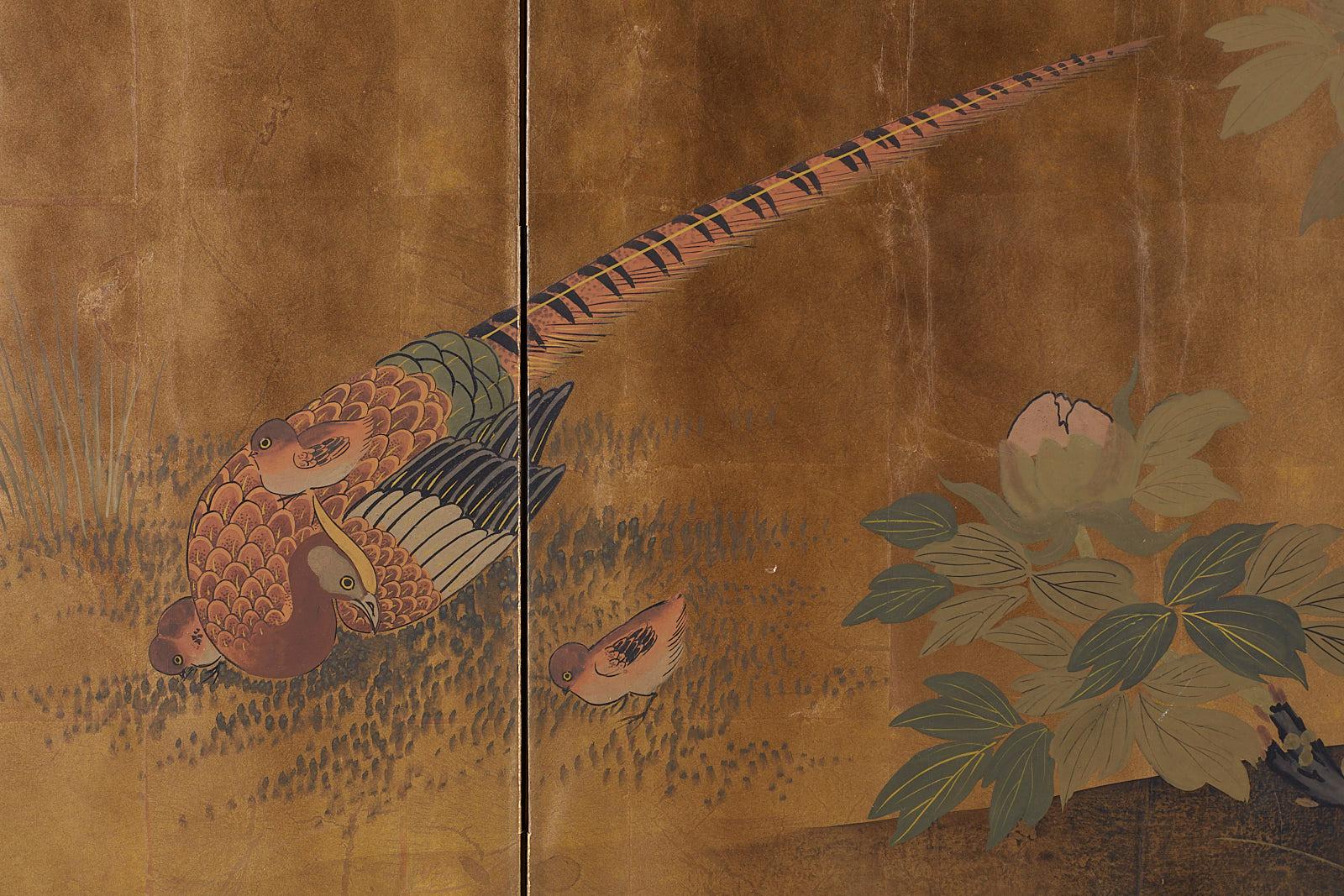 Japanese Four-Panel Showa Screen Pheasant and Peonies 4