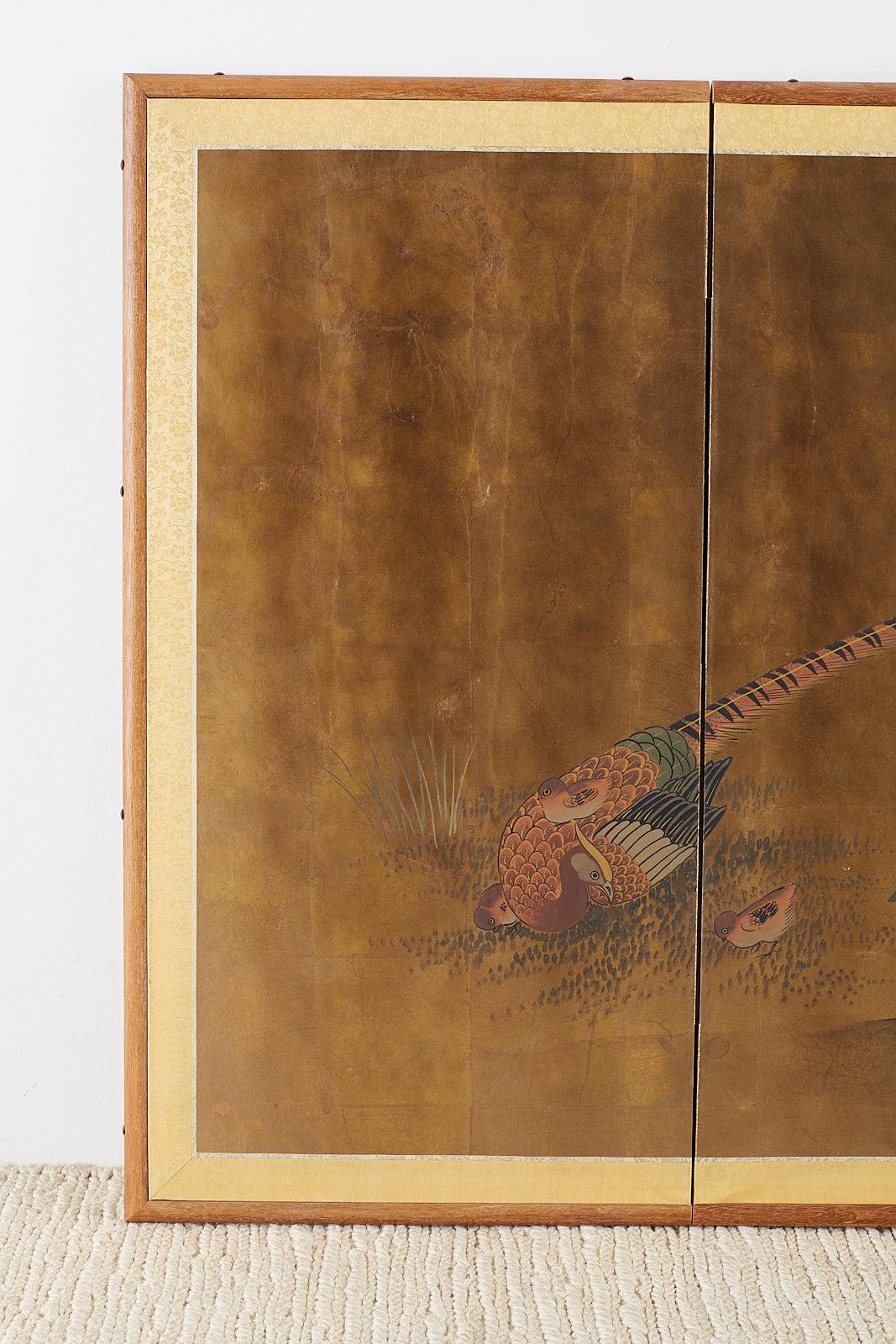 Meiji Japanese Four-Panel Showa Screen Pheasant and Peonies