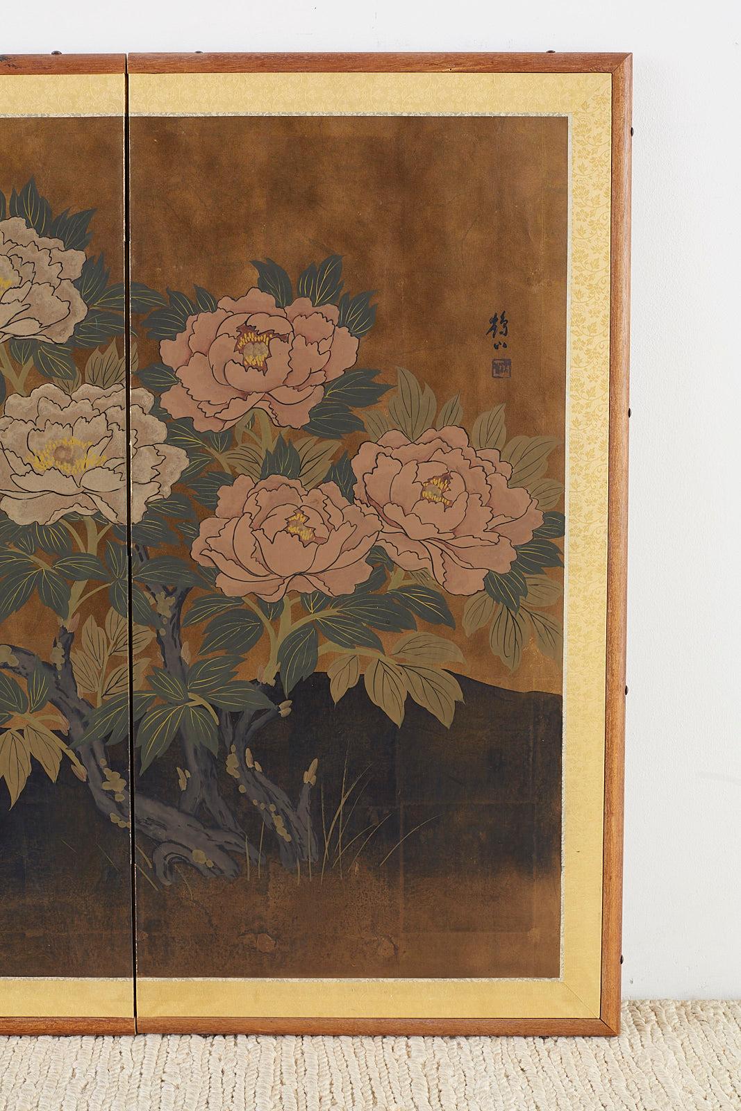 Silk Japanese Four-Panel Showa Screen Pheasant and Peonies