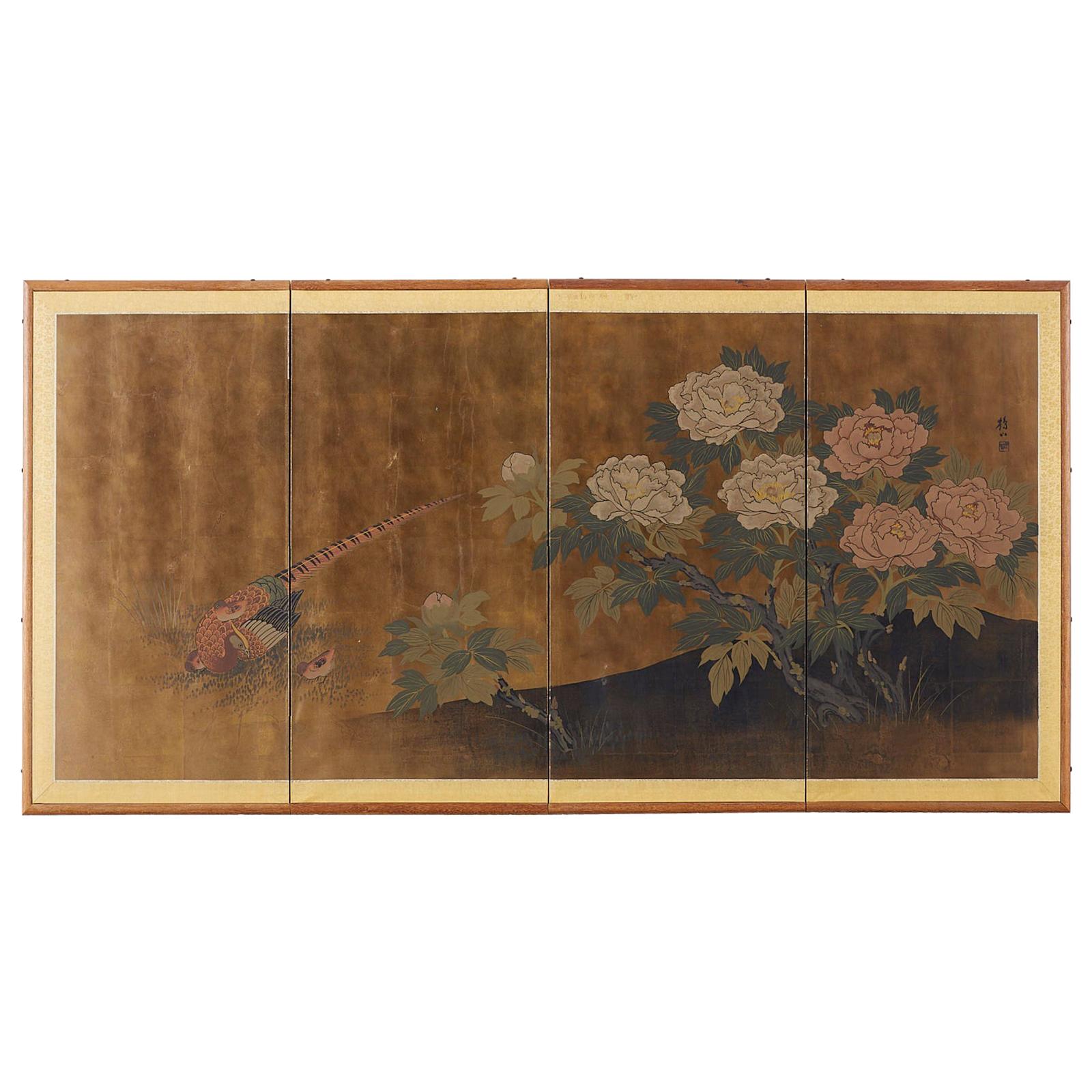 Japanese Four-Panel Showa Screen Pheasant and Peonies