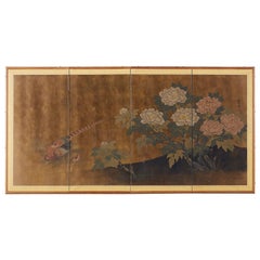 Vintage Japanese Four-Panel Showa Screen Pheasant and Peonies