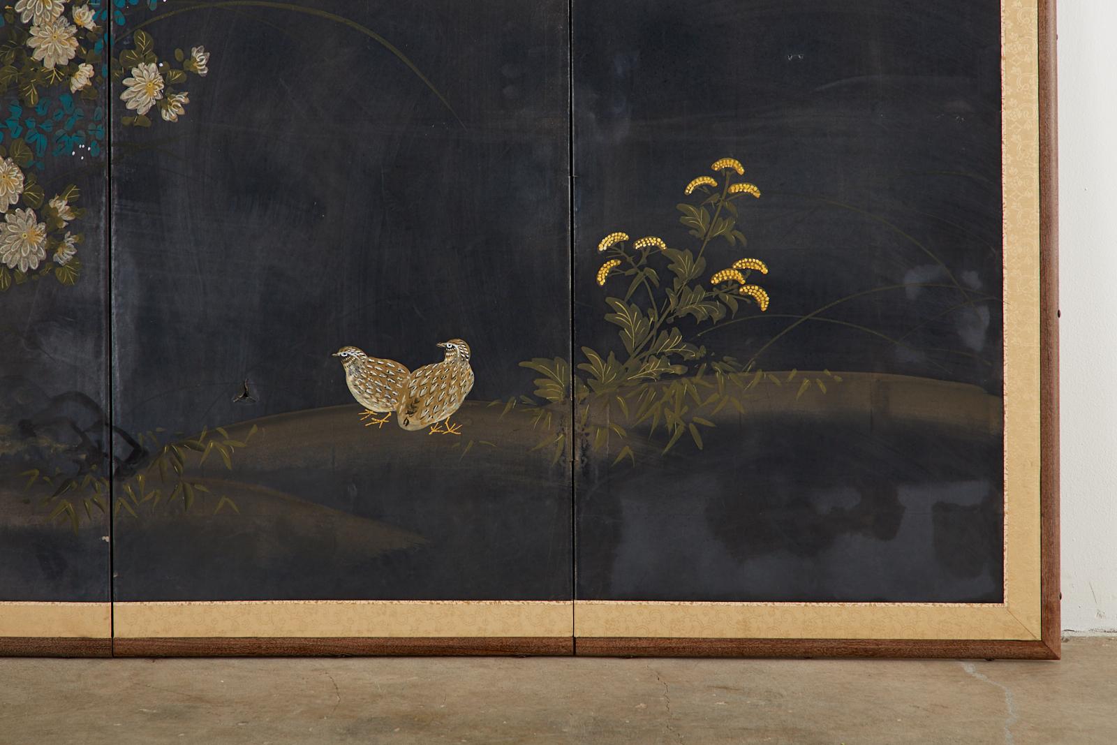 Japanese Four-Panel Showa Screen Quail Floral Landscape 4