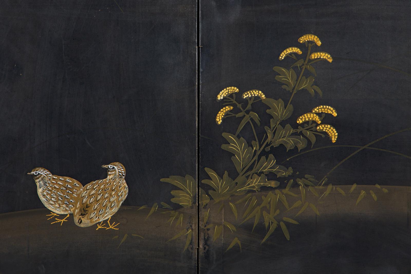 Japanese Four-Panel Showa Screen Quail Floral Landscape 6