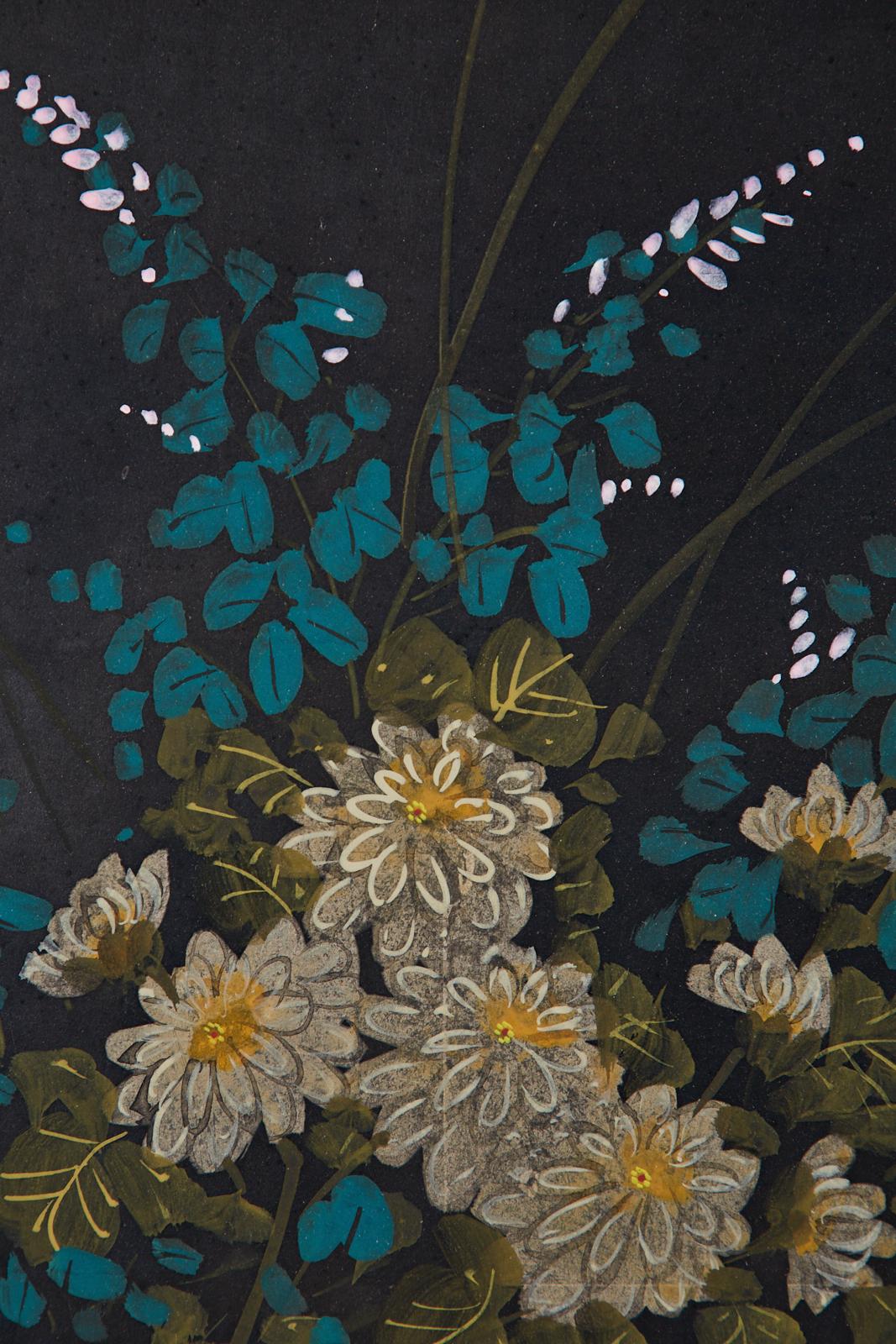 Japanese Four-Panel Showa Screen Quail Floral Landscape 7