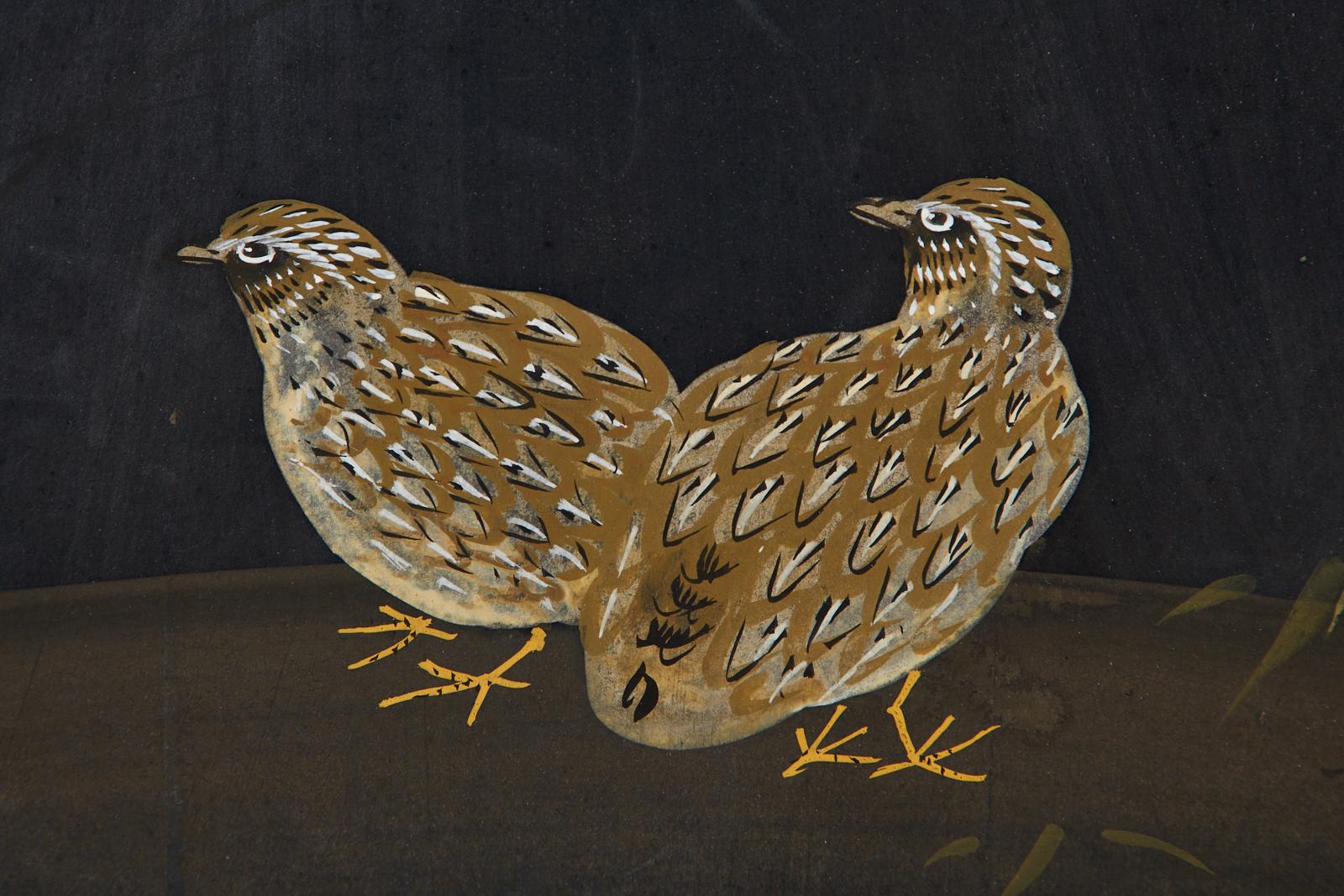 Japanese Four-Panel Showa Screen Quail Floral Landscape 11