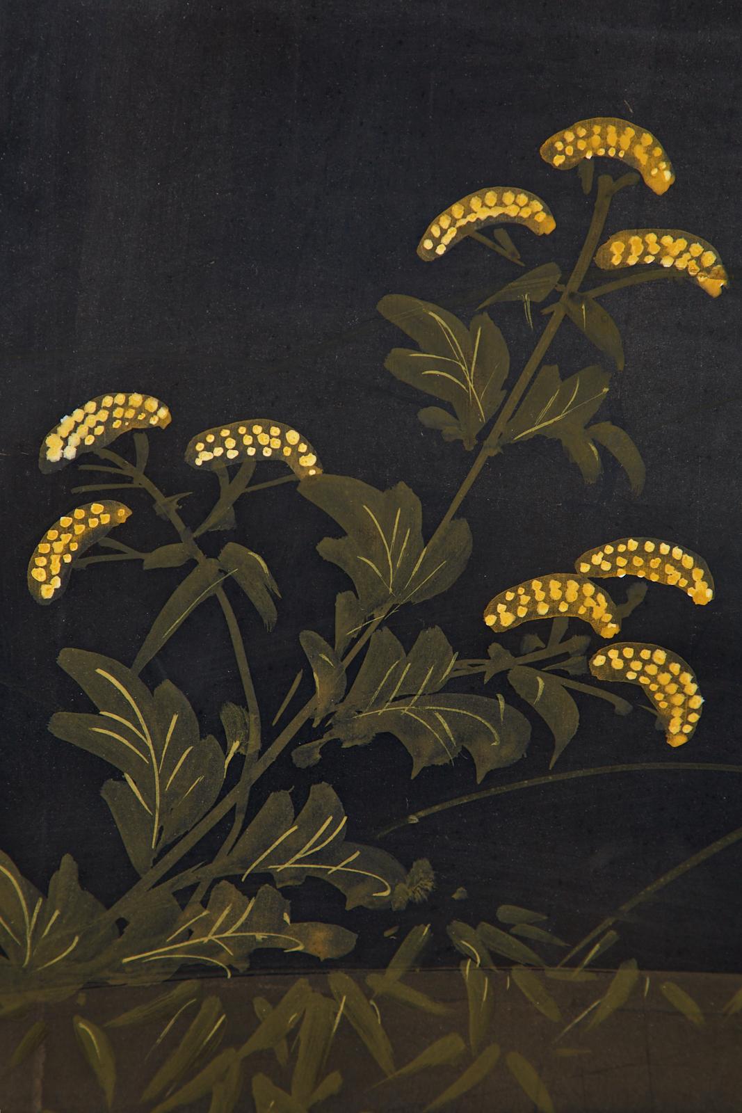 Japanese Four-Panel Showa Screen Quail Floral Landscape 12