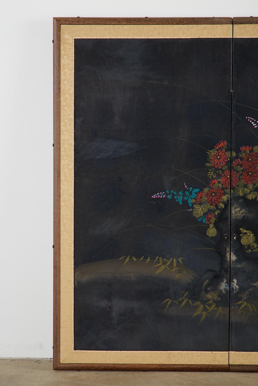 Hand-Crafted Japanese Four-Panel Showa Screen Quail Floral Landscape