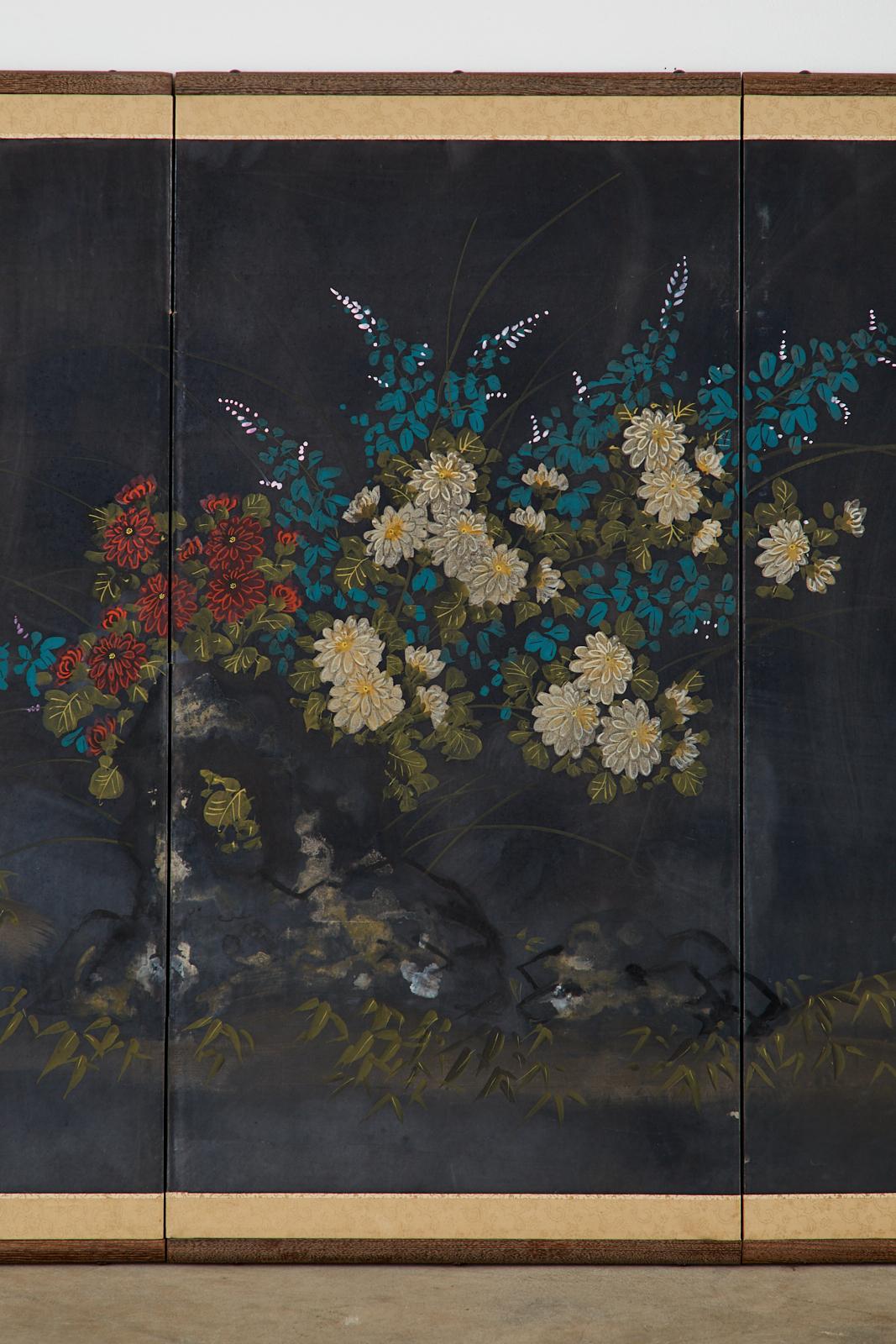 Japanese Four-Panel Showa Screen Quail Floral Landscape In Good Condition In Rio Vista, CA