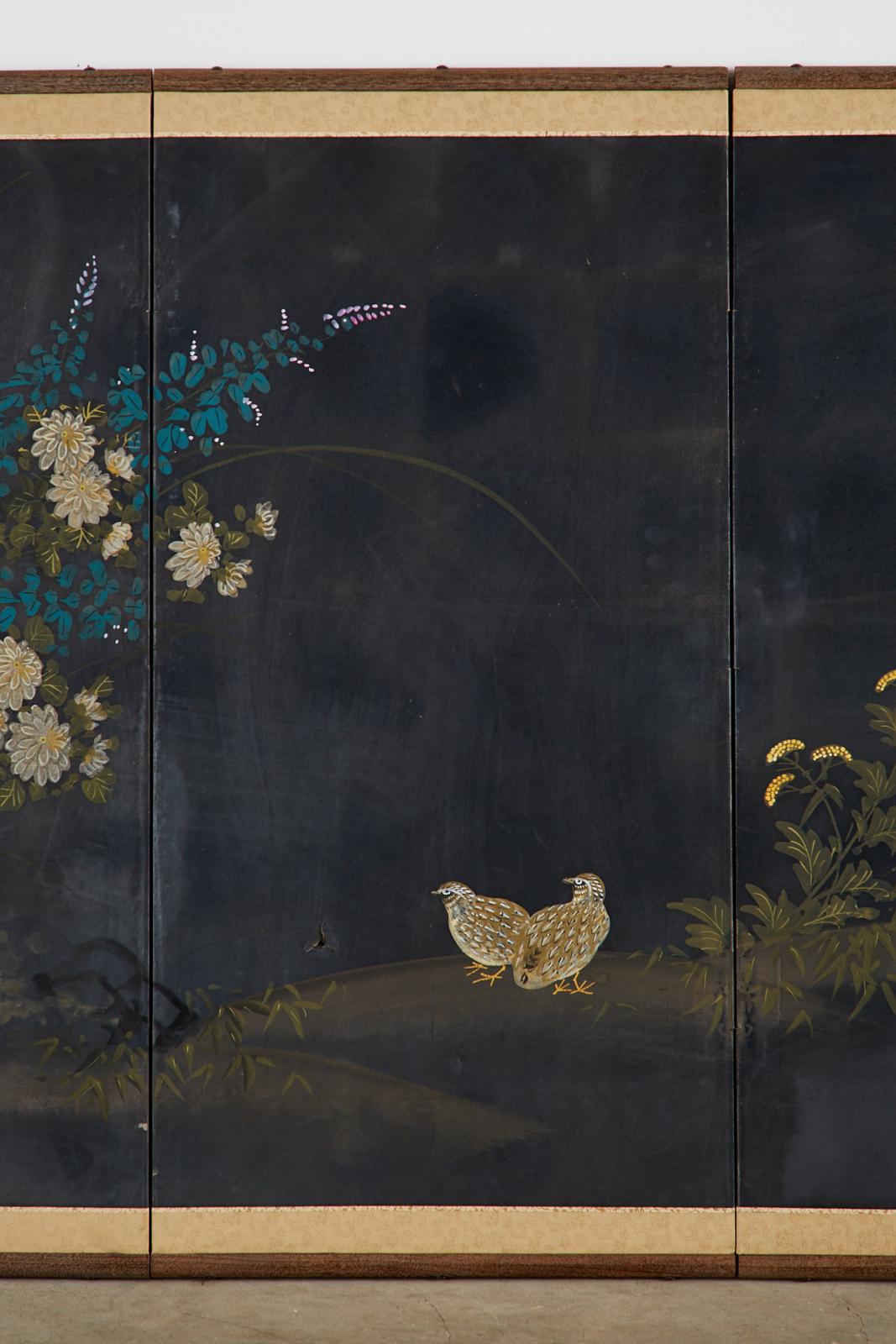 20th Century Japanese Four-Panel Showa Screen Quail Floral Landscape
