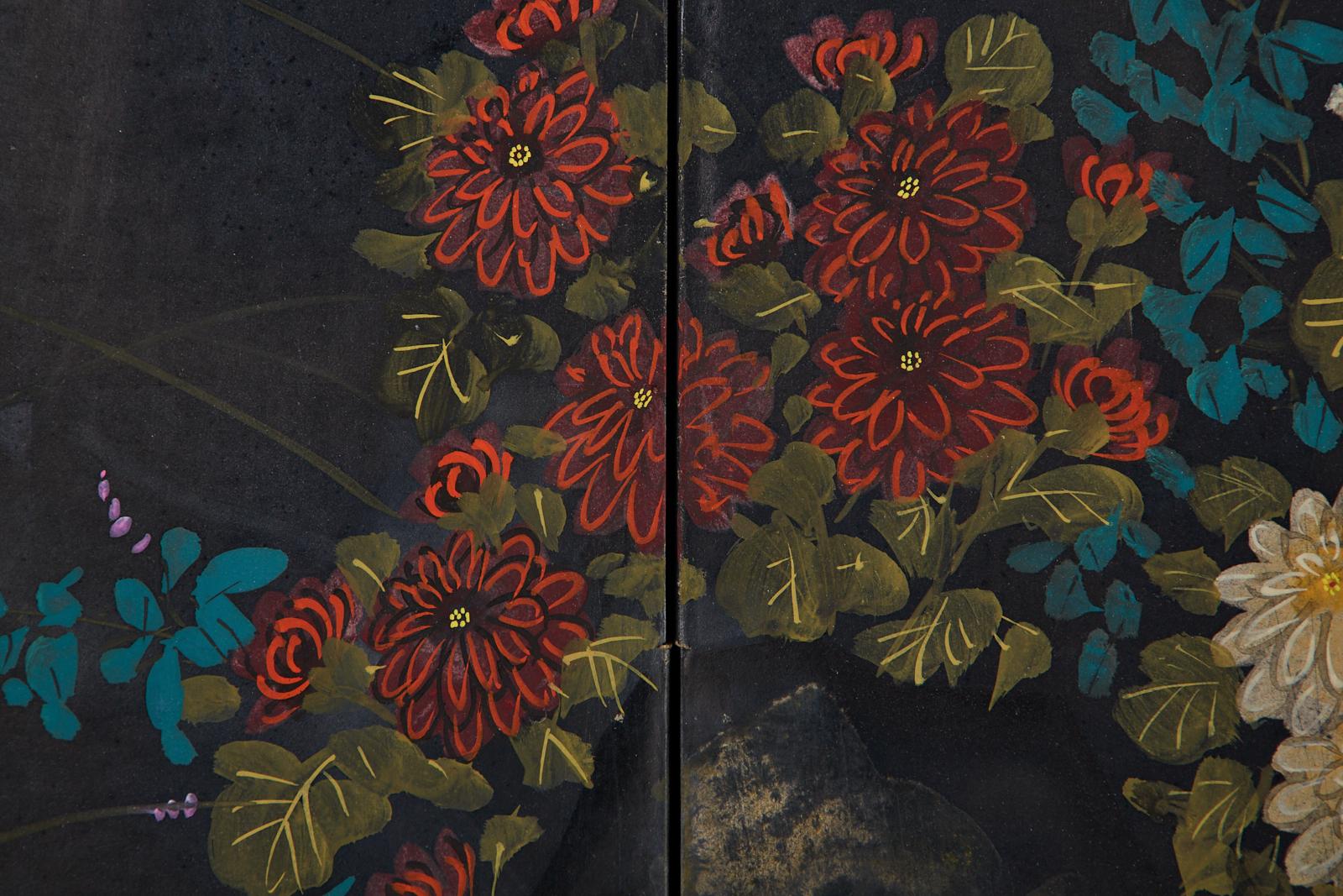Silk Japanese Four-Panel Showa Screen Quail Floral Landscape