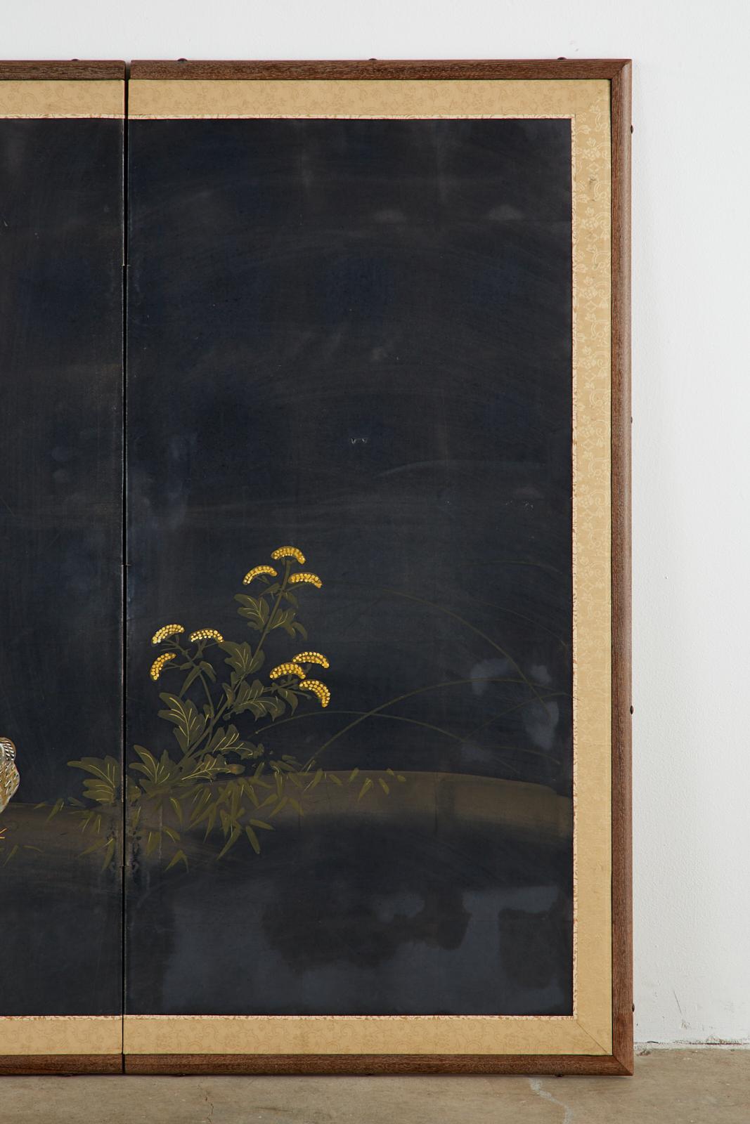Japanese Four-Panel Showa Screen Quail Floral Landscape 1