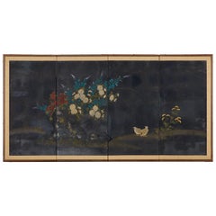 Vintage Japanese Four-Panel Showa Screen Quail Floral Landscape