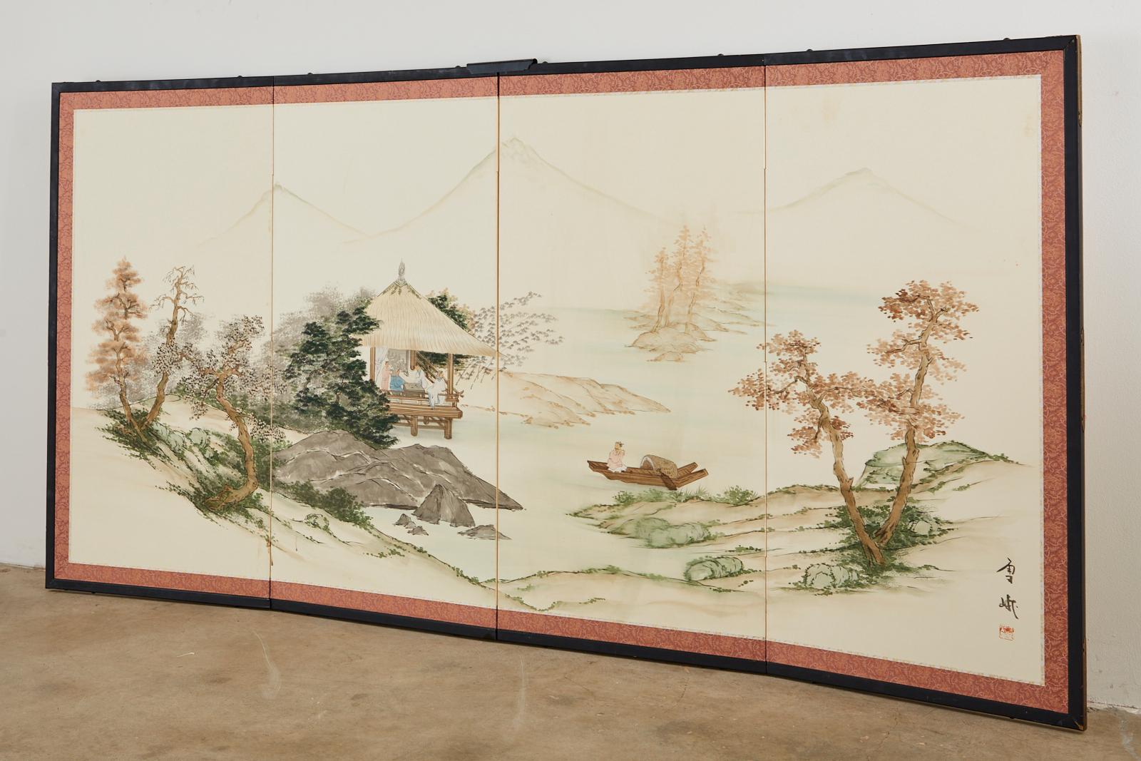 Ebonized Japanese Four Panel Showa Screen Retreat Mountain Landscape