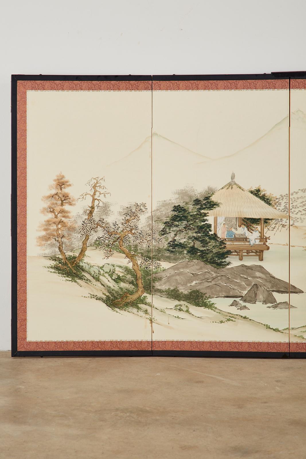 Japanese Four Panel Showa Screen Retreat Mountain Landscape In Good Condition In Rio Vista, CA