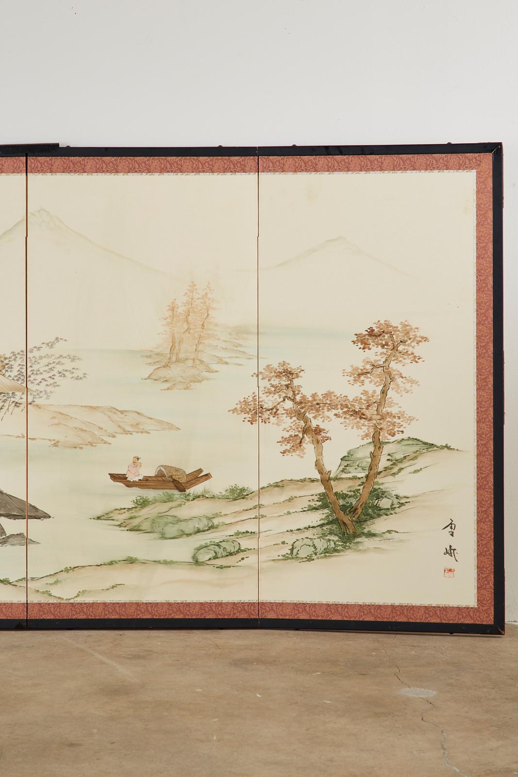 20th Century Japanese Four Panel Showa Screen Retreat Mountain Landscape