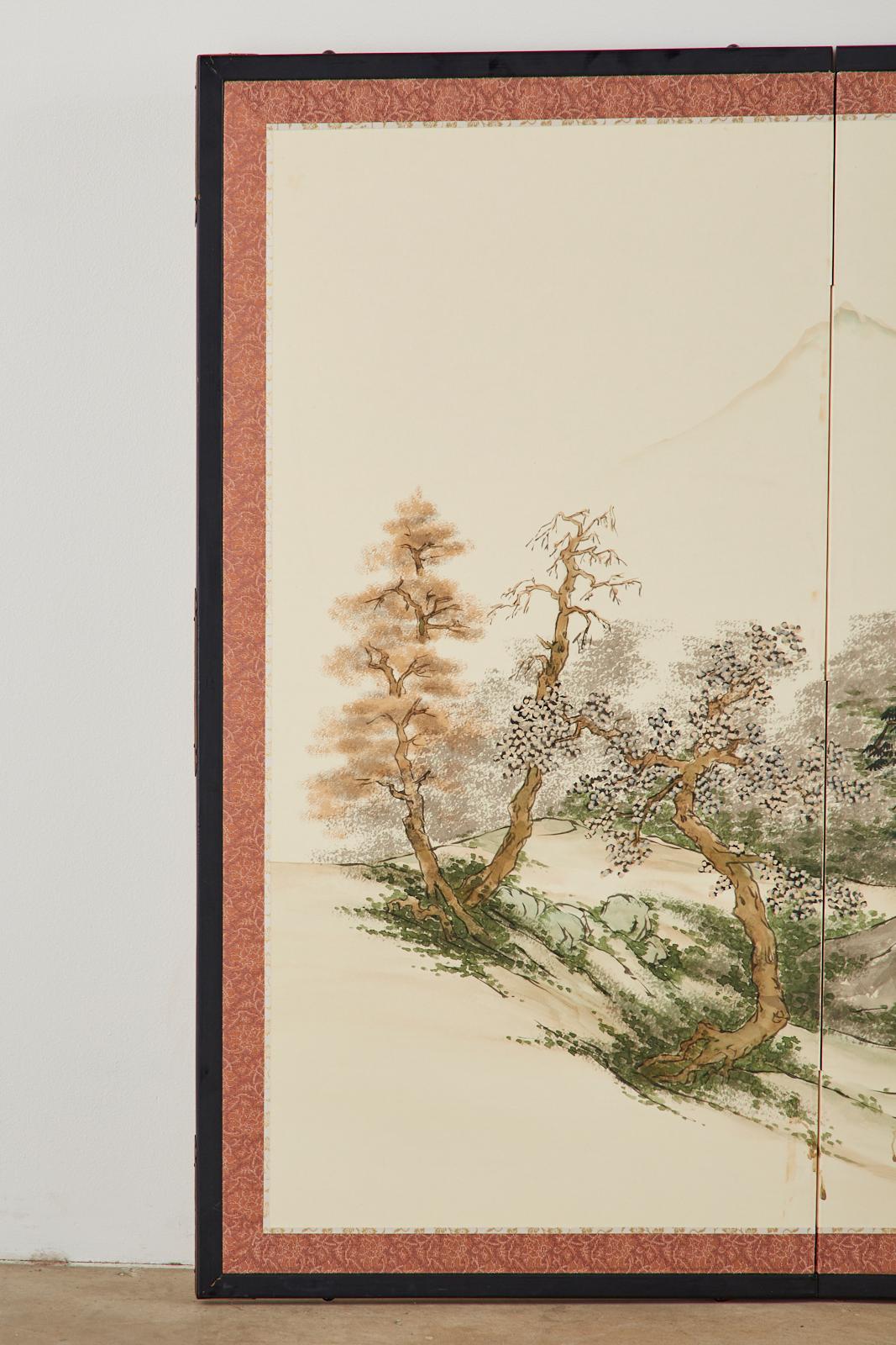 Wood Japanese Four Panel Showa Screen Retreat Mountain Landscape