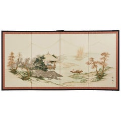 Japanese Four Panel Showa Screen Retreat Mountain Landscape