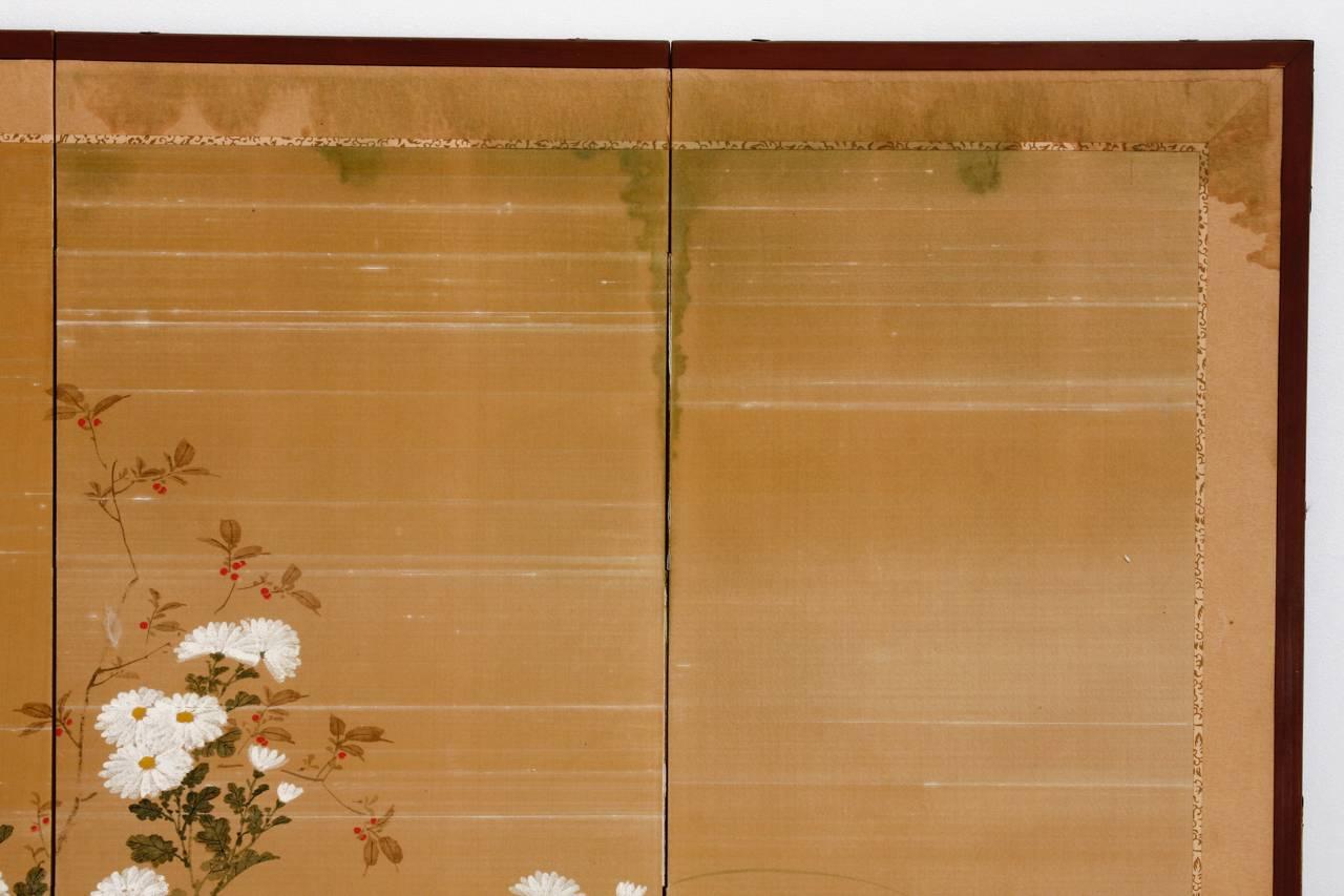 Peint à la main Paravent japonais Byobu en soie représentant des chrysanthèmes