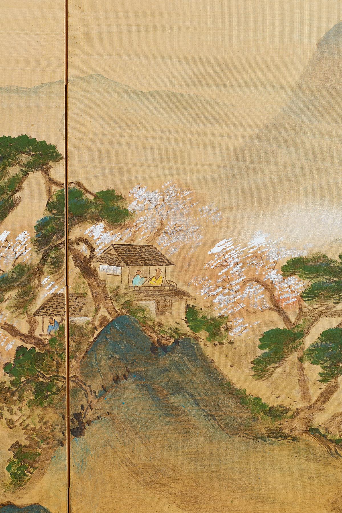 Japanese Four-Panel Silk Landscape Byobu Screen 3