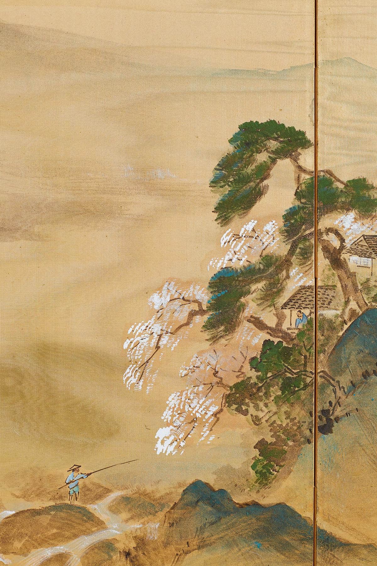 Japanese Four-Panel Silk Landscape Byobu Screen 5
