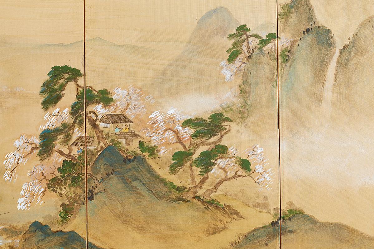 Japanese Four-Panel Silk Landscape Byobu Screen 6