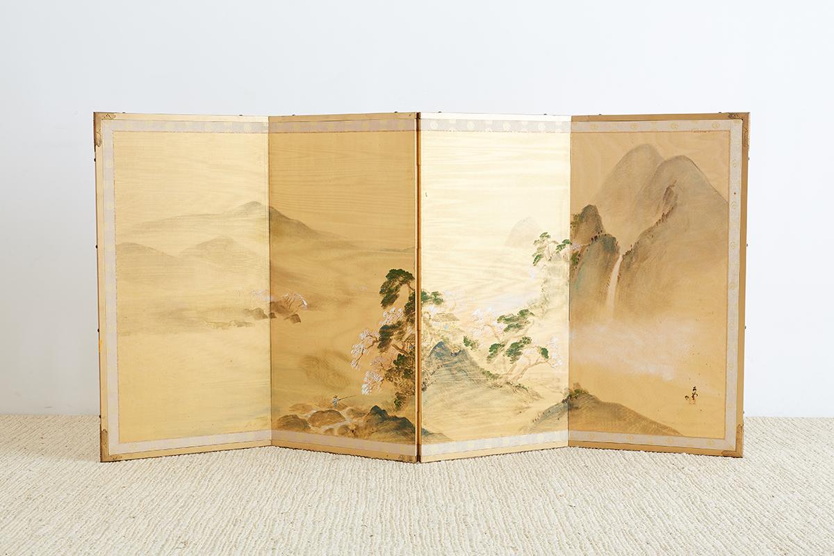 Japanese Four-Panel Silk Landscape Byobu Screen 7