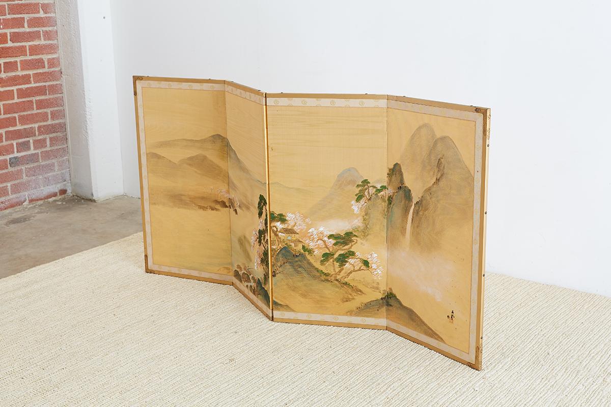 Japanese Four-Panel Silk Landscape Byobu Screen 10