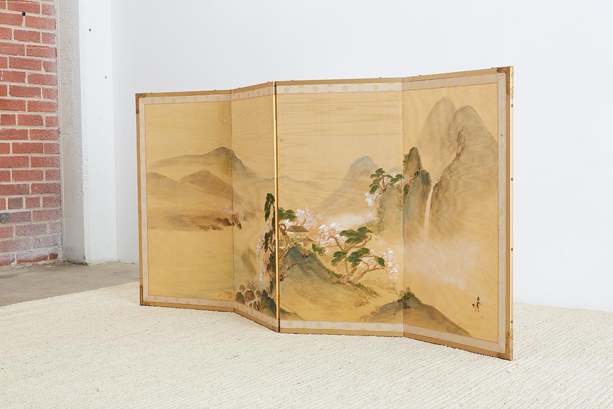Japanese Four-Panel Silk Landscape Byobu Screen 11