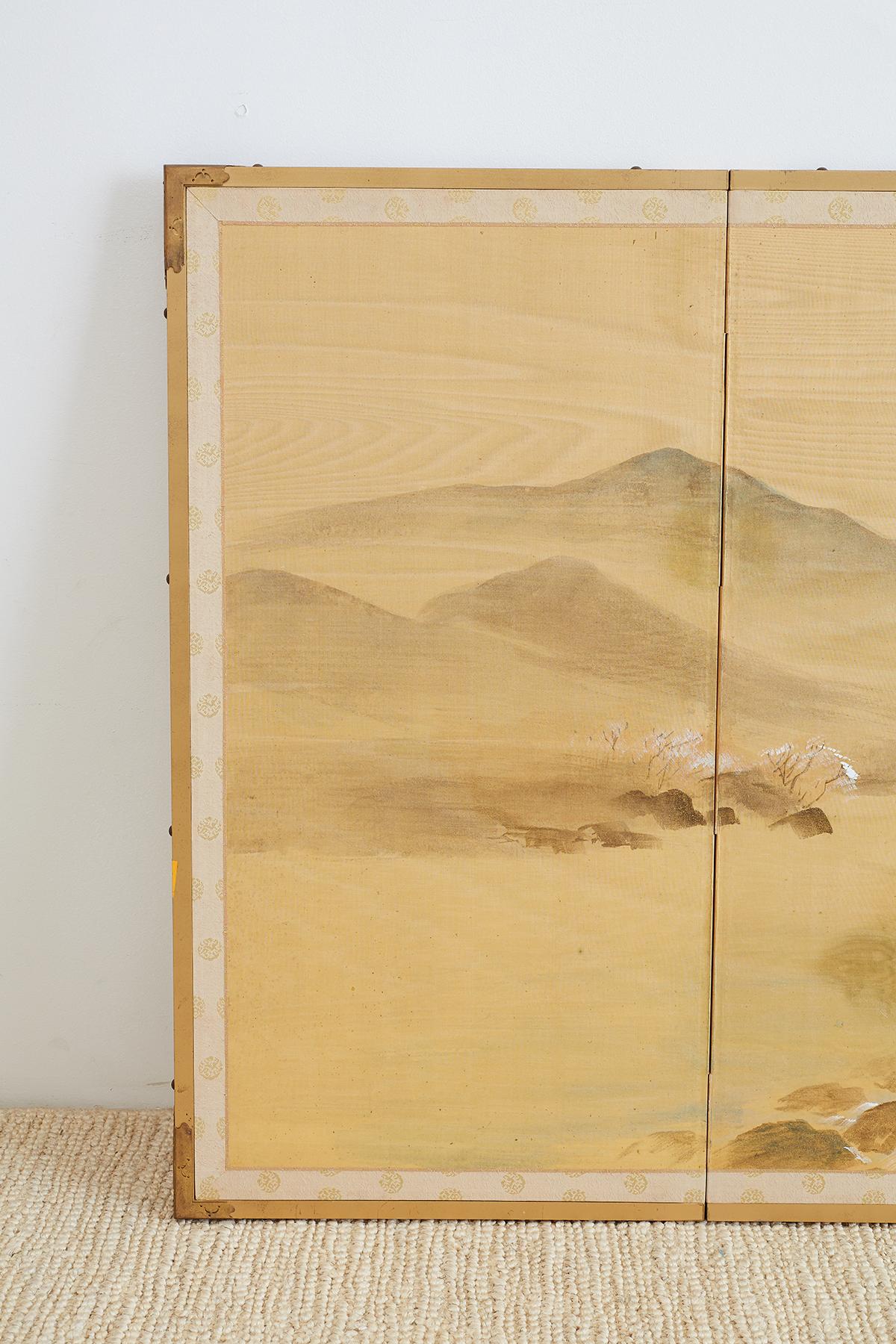 Meiji Japanese Four-Panel Silk Landscape Byobu Screen