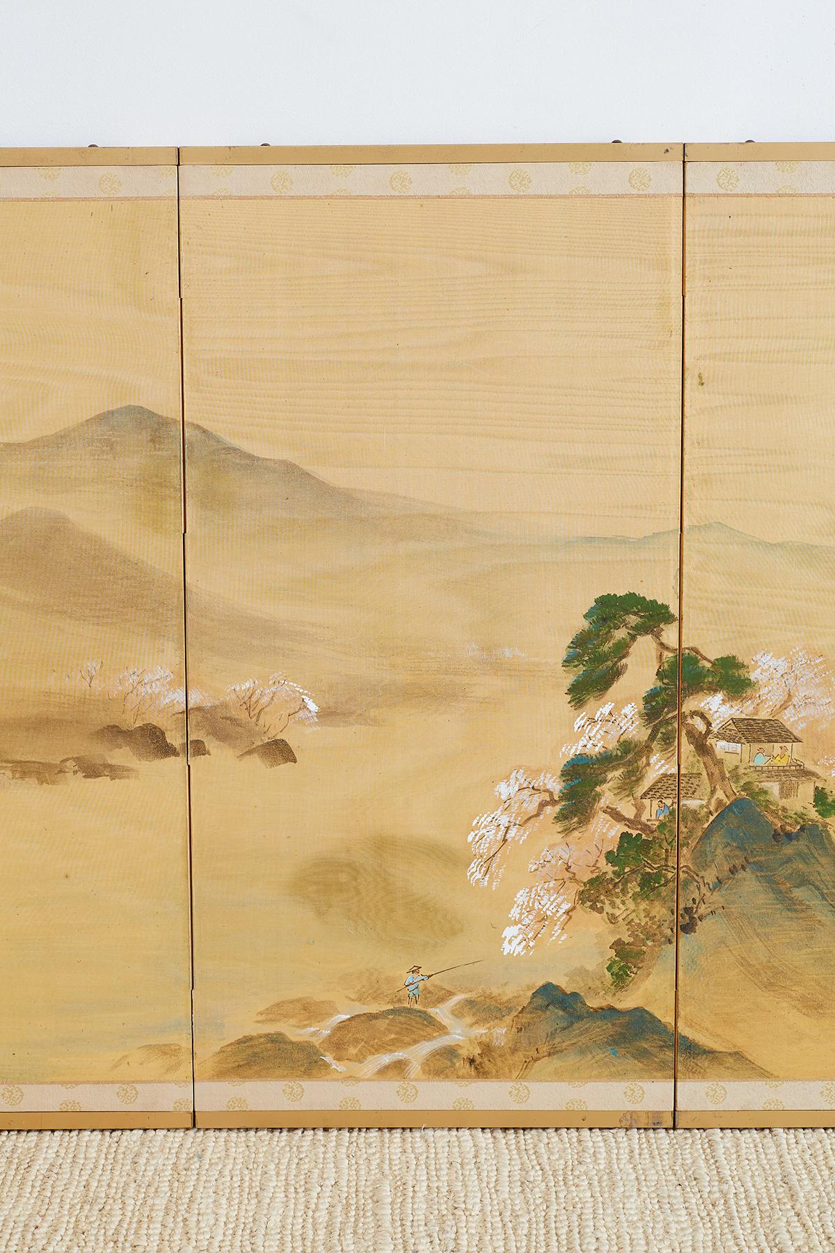 Gilt Japanese Four-Panel Silk Landscape Byobu Screen