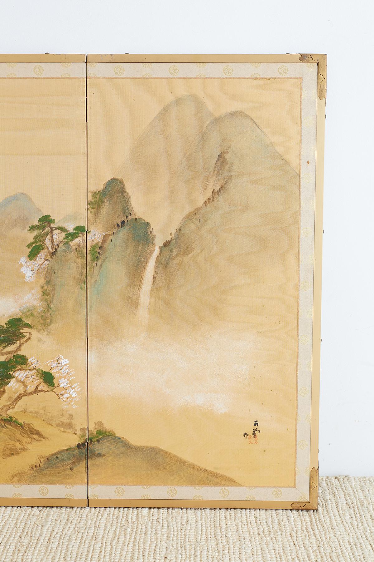 20th Century Japanese Four-Panel Silk Landscape Byobu Screen