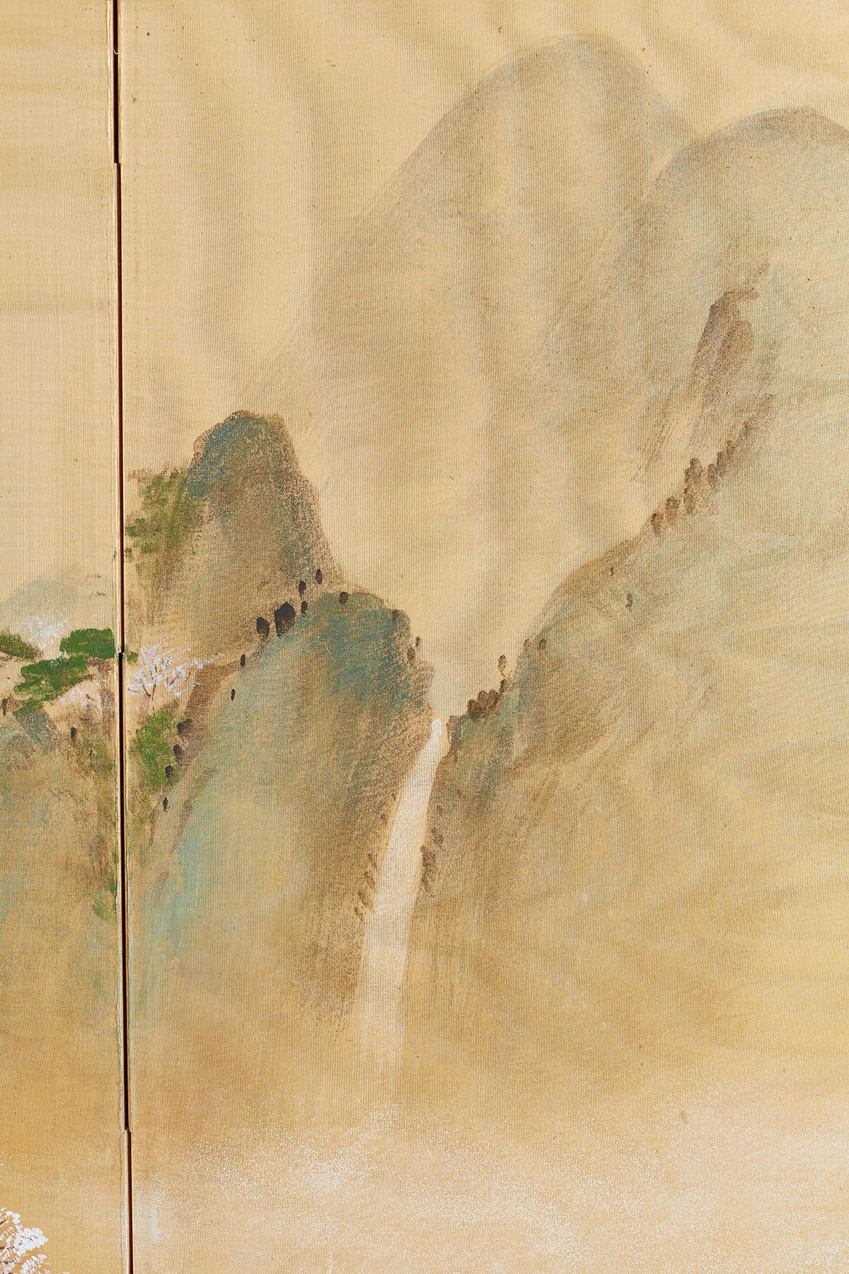 Japanese Four-Panel Silk Landscape Byobu Screen 3