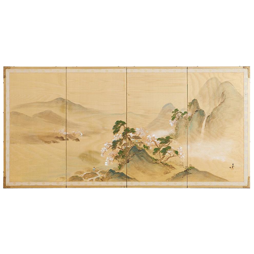 Japanese Four-Panel Silk Landscape Byobu Screen