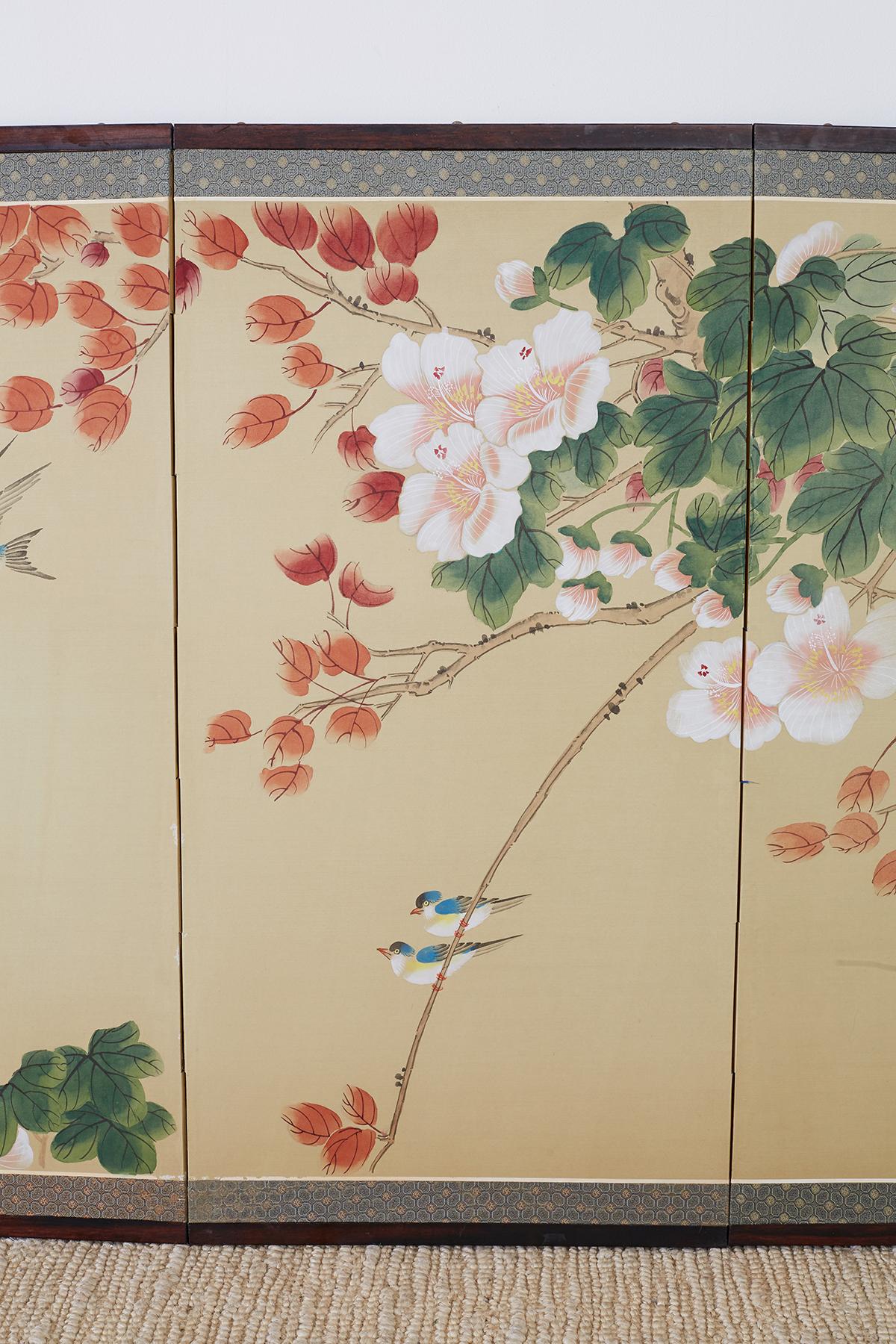 20th Century Japanese Four-Panel Spring Byobu Folding Screen
