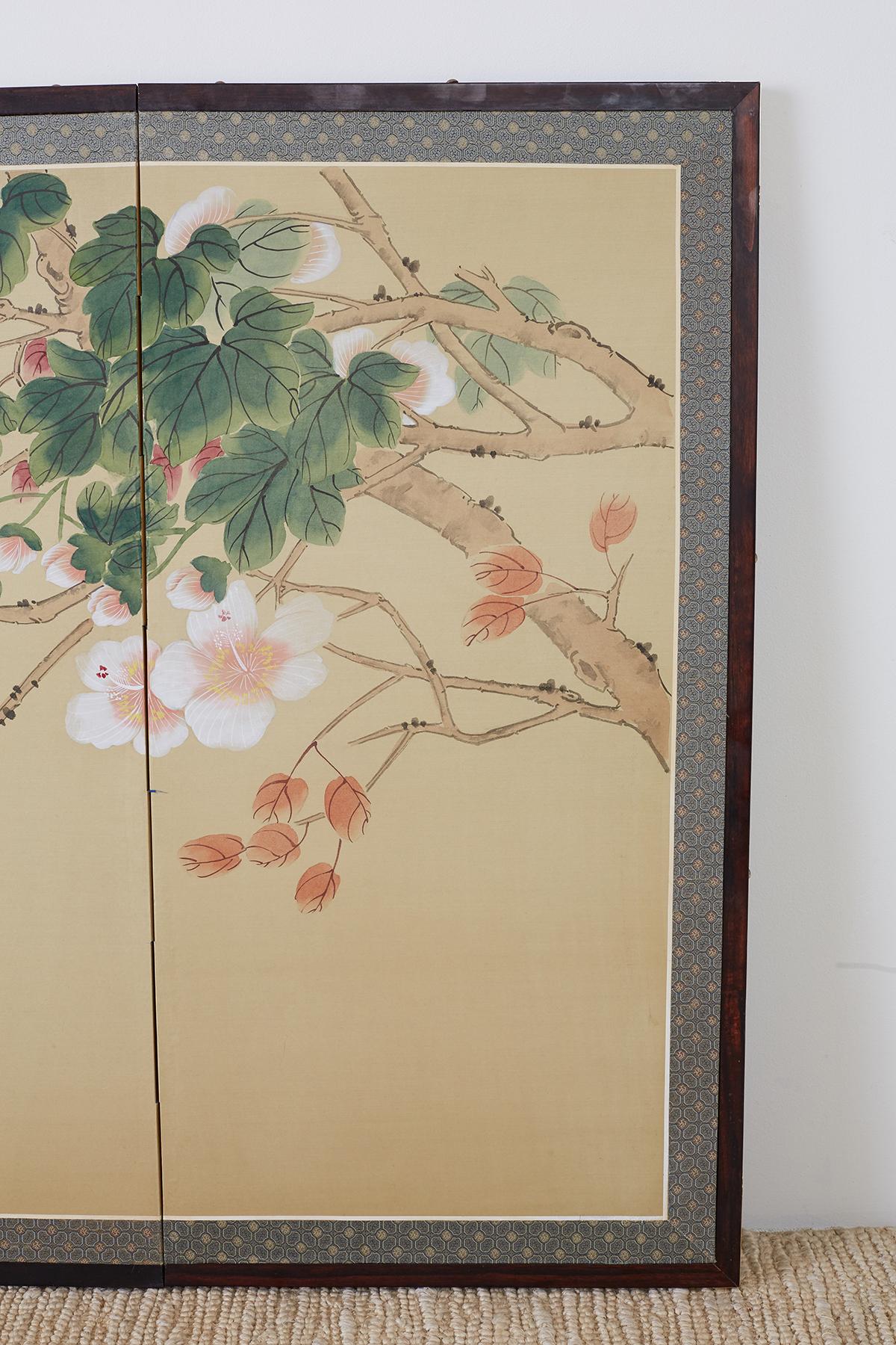 Brass Japanese Four-Panel Spring Byobu Folding Screen