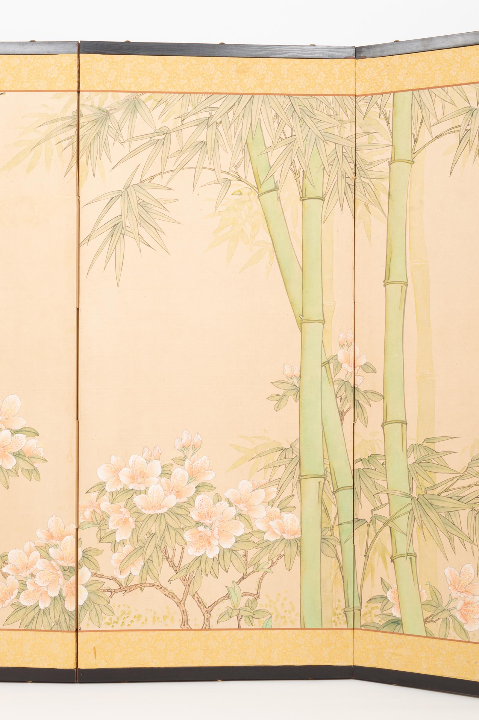 Early 20th Century Japanese Four Panel Taisho Period Screen Bamboo & Blossom, circa 1920 For Sale