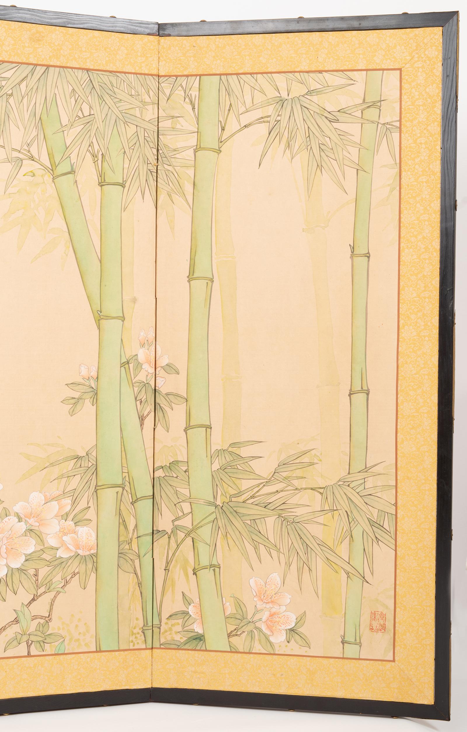 Silk Japanese Four Panel Taisho Period Screen Bamboo & Blossom, circa 1920 For Sale