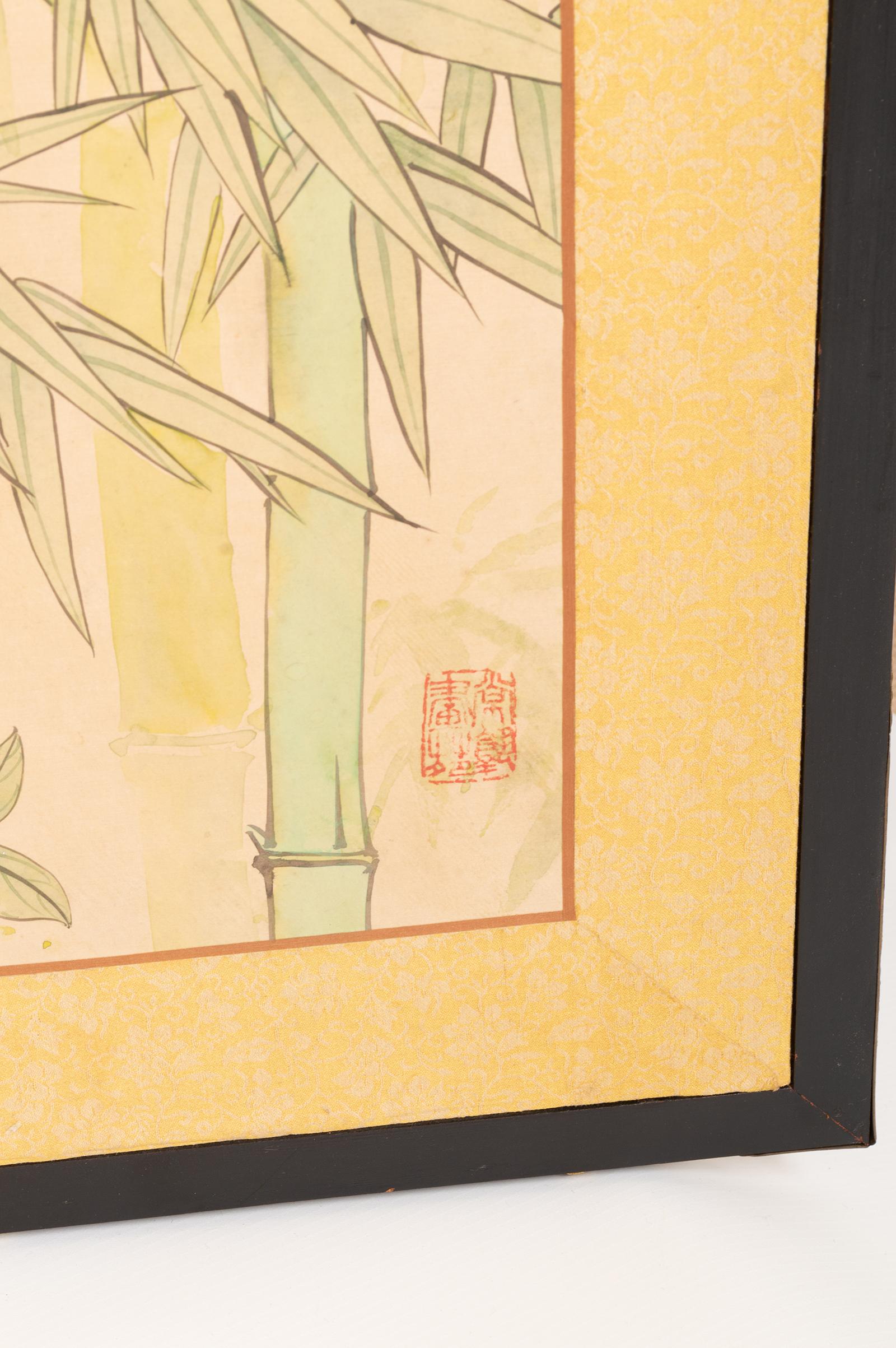 Biombo japonés de cuatro paneles del periodo Taisho Bambú y Flor, hacia 1920 en venta 1